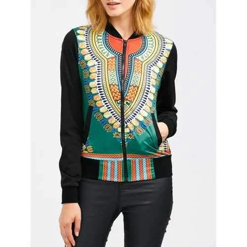 Zip Up Tribal Print Baseball Jacket - Green S Fleece Jacket Down Jacket Feather Jacket