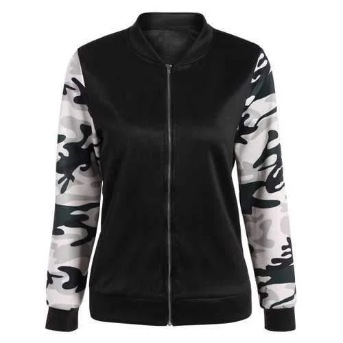 Camouflage Panel Zippered Bomber Jacket - Black M Faux Fur Jacket Real Fur Jacket Shearling Jacket