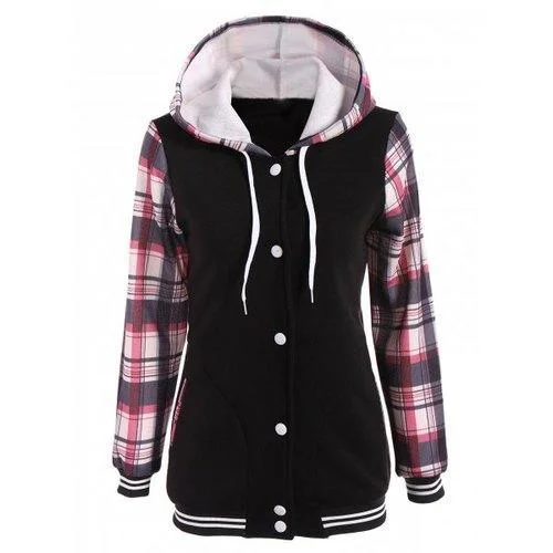 Varsity Striped Plaid Jacket with Hood - Light Red M Zippered Jacket Buttoned Jacket Snapped Jacket