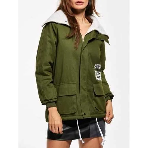 Lamb Wool Patched Utility Jacket - Green M Snapped Jacket Toggled Jacket Drawstring Jacket