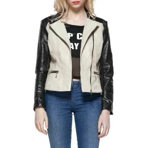 Faux Leather Colorblock Biker Jacket - Beige 2xl Corduroy Jacket Velvet Jacket Brocade Jacket