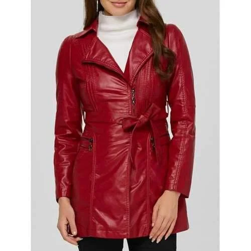 Asymmetrical Belted Faux Leather Jacket - Wine Red 3xl Hoodie Zip-Up Jacket Button-Up Jacket