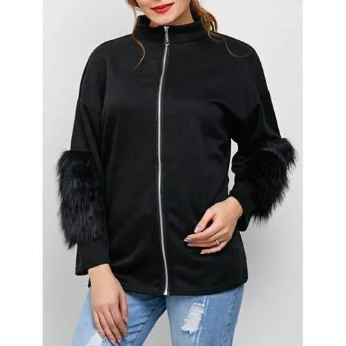 Zipper Faux Fur Drop Shoulder Jacket - Black L Wool Jacket Cashmere Jacket Tweed Jacket