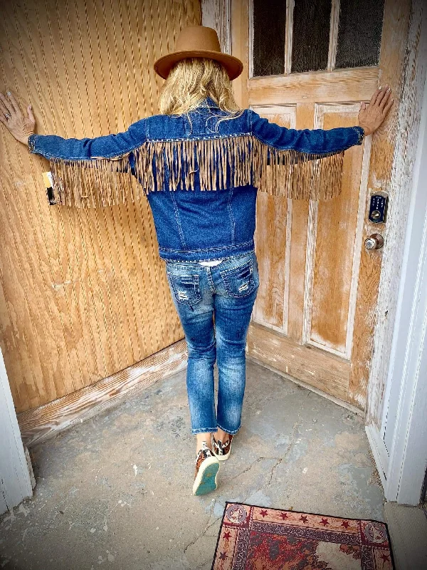 Yellowstone Fringe Denim Jacket in Dark Wash Satin Jacket Silk Jacket Chiffon Jacket