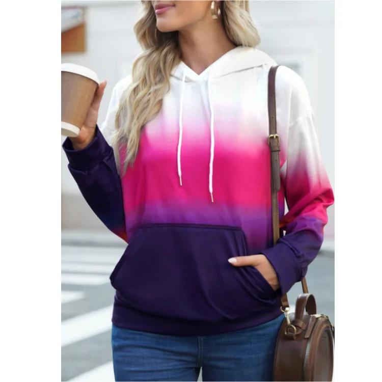 2 Pieces Women'S Autumn/Winter Gradient Print Kangaroo Pocket Hoodie Sweatshirt Hoodie with Ribbed Hem Stretchable Secure 2 Pieces Women'S Autumn/Winter Gradient Print Kangaroo Pocket Hoodie Sweatshirt Hoodie with Ribbed Hem Stretchable Secure