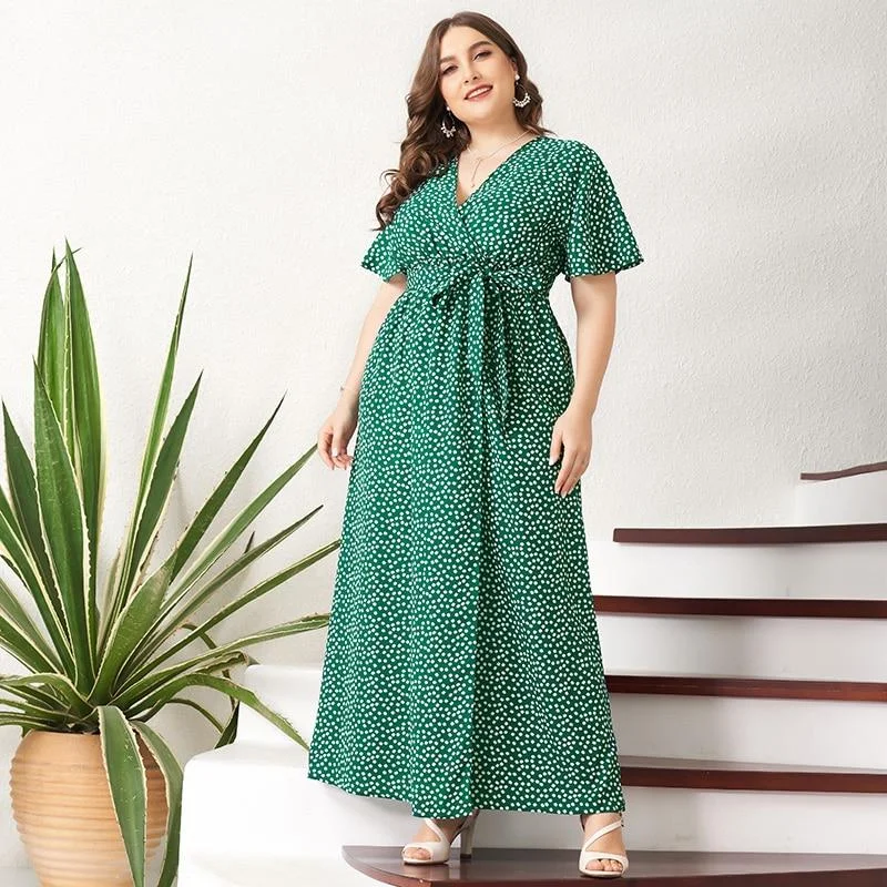 FashionSierra - Summer Maxi Dress Women Green Floral Sashes Front Belted Split Flared Short Sleeve V-neck Boho Holiday Robes Stylish Maxi Dress with Pleats