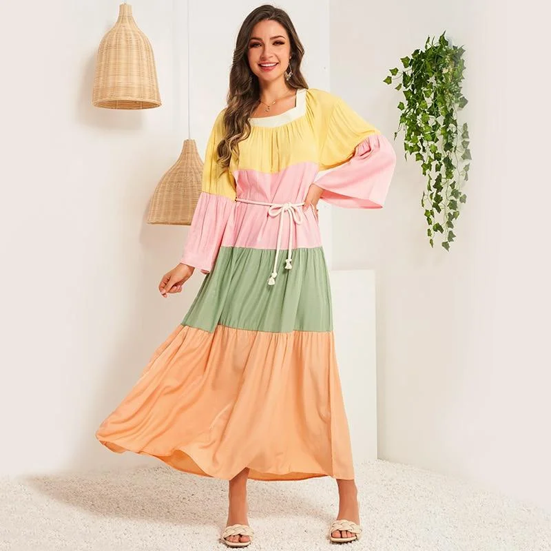 FashionSierra - Summer Women Dress Multicolor Stitching Flared Long Sleeves Sashes Belted Bohemian Holiday Casual Elegant Maxi Dresses Comfortable Maxi Dress with Slits