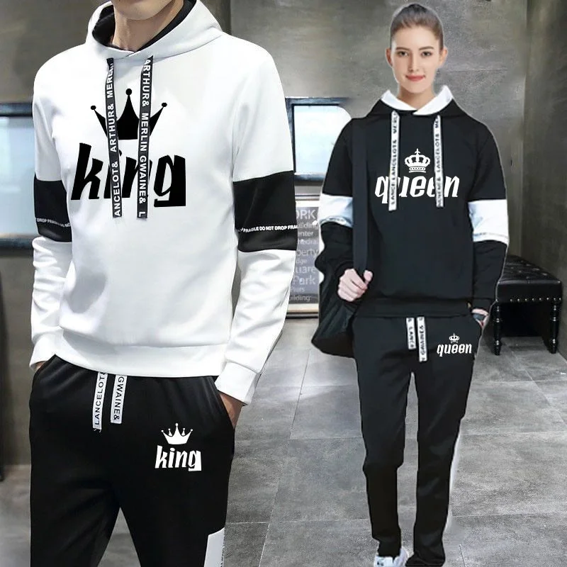 2023 Couples Hooded Tracksuit King or Queen Print Lovers Hoodies Sets Sweatshirt +Jogging Sweapants 2PCS Suits Matching Clothing Hoodie with Toggle Buttons Decorative Unique 2023 Couples Hooded Tracksuit King or Queen Print Lovers Hoodies Sets Sweatshirt +Jogging Sweapants 2PCS Suits Matching Clothing Hoodie with Toggle Buttons Decorative Unique