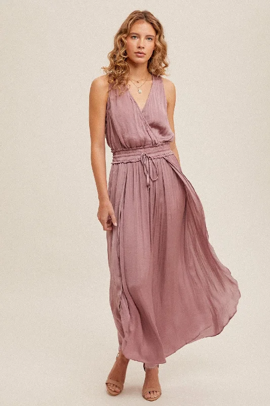Surplice Neck Satin Maxi Dress by Mystree (Ships in 2-3 Weeks) Chic Off-Shoulder Maxi Dress