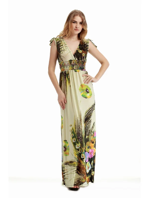 KittenAlarm - Plus Size M-6XL Surplice Front Elastic Waist Beige Camellia Maxi Dress Stylish Empire Waist Maxi Dress KittenAlarm - Plus Size M-6XL Surplice Front Elastic Waist Beige Camellia Maxi Dress Stylish Empire Waist Maxi Dress
