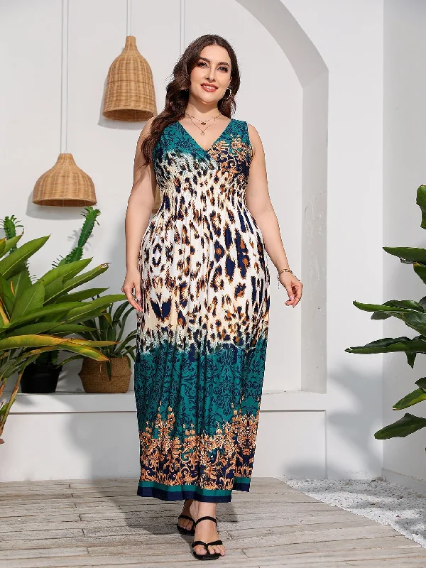 KittenAlarm - Plus Size V-neck Print Maxi Dress Beach Dress Fashionable Chiffon Tiered Maxi Dress