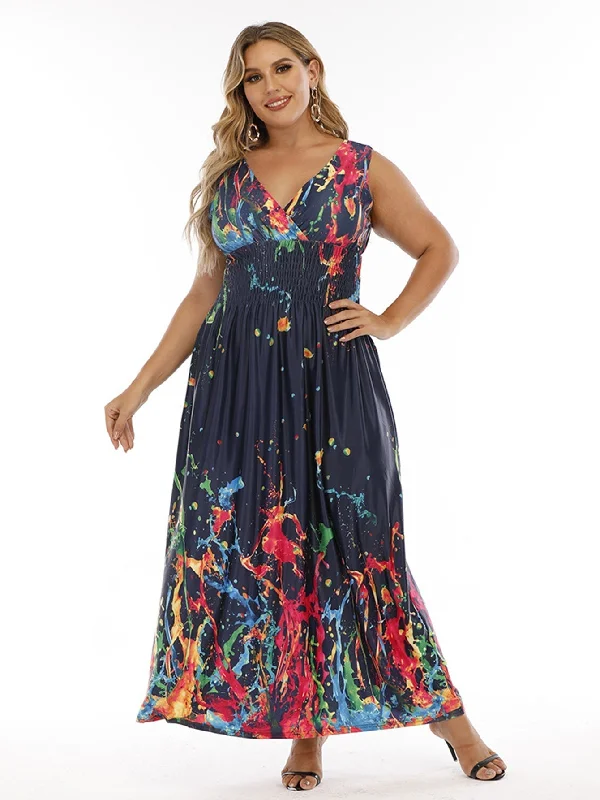 KittenAlarm - Plus Size Double V-neck Print Smocked Waist Maxi Dress Elegant Lace Maxi Dress KittenAlarm - Plus Size Double V-neck Print Smocked Waist Maxi Dress Elegant Lace Maxi Dress
