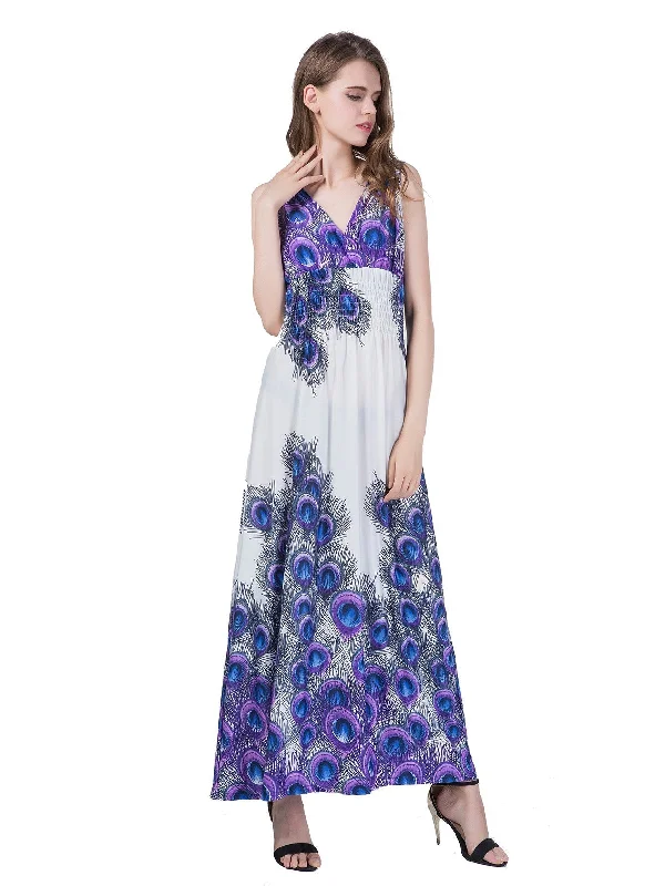 KittenAlarm - Plus Size 6XL Peacock Double V-neck Print High Elastic Waist Maxi Dress Beach Dress Cozy Knitted Maxi Dress KittenAlarm - Plus Size 6XL Peacock Double V-neck Print High Elastic Waist Maxi Dress Beach Dress Cozy Knitted Maxi Dress