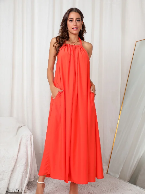 KittenAlarm - Backless Halter Maxi Dress Stylish Off-Shoulder Maxi Dress