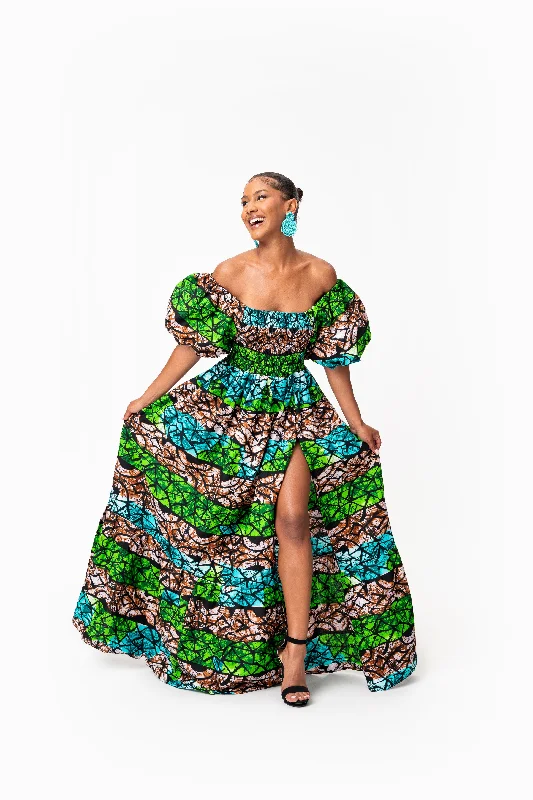 ADA Smocked Puffy Sleeve African print maxi dress Fashionable Faux Wrap Maxi Dress