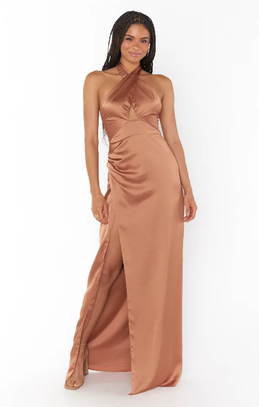 Adele Halter Maxi Dress ~ Copper Luxe Satin Chic Boho Print Maxi Dress