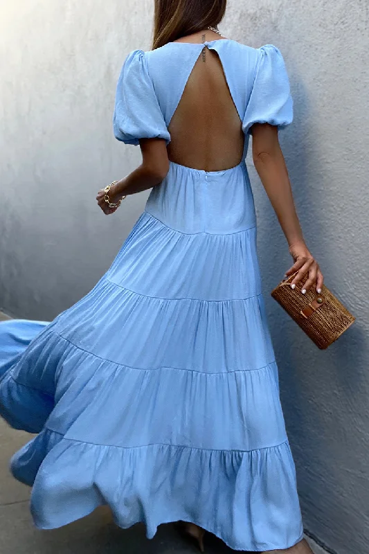 KittenAlarm - Adeline Pocketed Tie Front Tiered Maxi Dress - Blue Comfortable Satin Maxi Dress