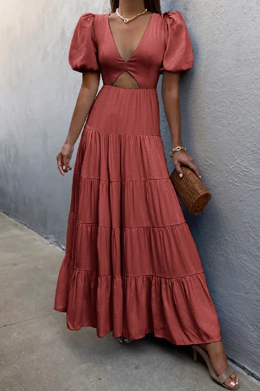 Adeline Pocketed Tie Front Tiered Maxi Dress - Yellow Stylish Off-Shoulder Maxi Dress