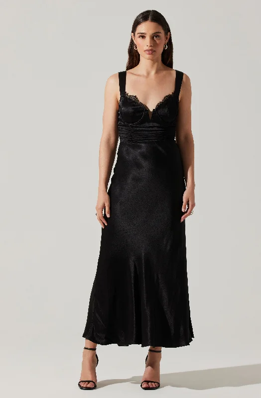 Aeris Satin Lace Trim Maxi Dress Fashionable Maxi Dress with Fringe
