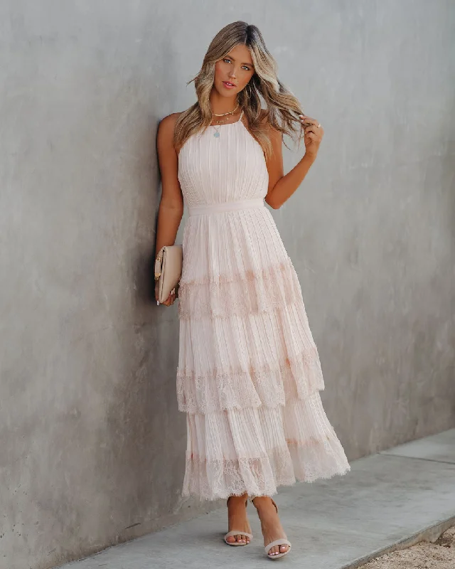 KittenAlarm - Affection Pleated Tiered Lace Maxi Dress - Blush Fashionable Faux Wrap Maxi Dress