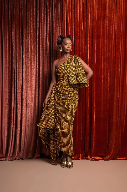 AGBANI African Print One Sleeve Drape Maxi Dress Chic Boho Print Maxi Dress