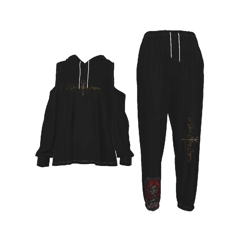 All-Over Print Women's Cold-Shoulder Hoodie Sports Suit little devil theme2 Hoodie with Magnetic Closure Innovative Modern