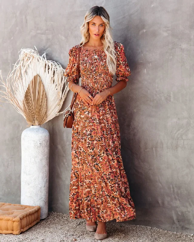 KittenAlarm - Anella Smocked Floral Maxi Dress Trendy Satin Maxi Dress