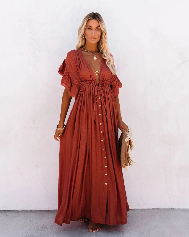 KittenAlarm - Anika Pocketed Button Down Ruffle Maxi Dress - Terracotta Comfortable Casual Maxi Dress