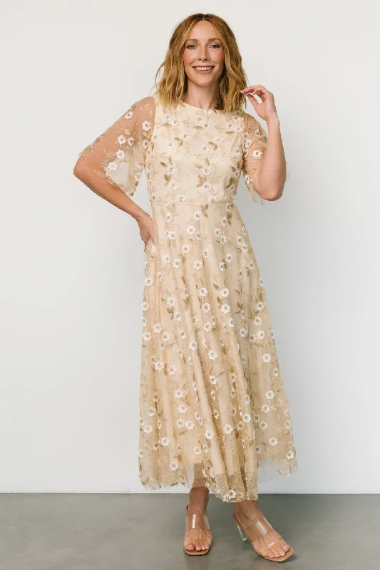 Arabella Embroidered Tulle Maxi Dress | Gold + White Comfortable Maxi Dress with Belt Arabella Embroidered Tulle Maxi Dress | Gold + White Comfortable Maxi Dress with Belt
