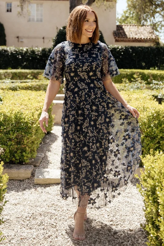 Arabella Embroidered Tulle Maxi Dress | Navy + Gold Elegant Velvet Maxi Dress
