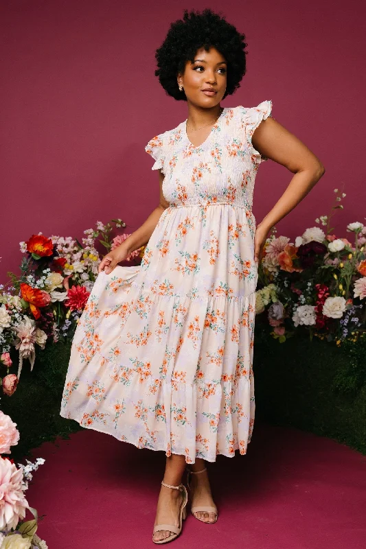 Arla Smocked Maxi Dress | Cream Floral Cozy Open-Back Maxi Dress