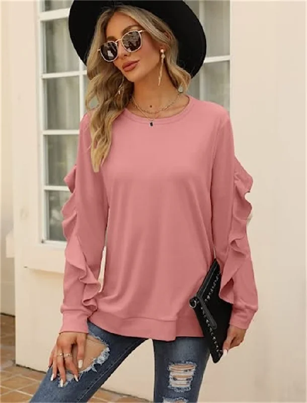 Autumn Winter Women Casual Round Neck Long Sleeve Ruffled Sweatshirt Hoodie with Sequins Glamorous Eye-catching Autumn Winter Women Casual Round Neck Long Sleeve Ruffled Sweatshirt Hoodie with Sequins Glamorous Eye-catching