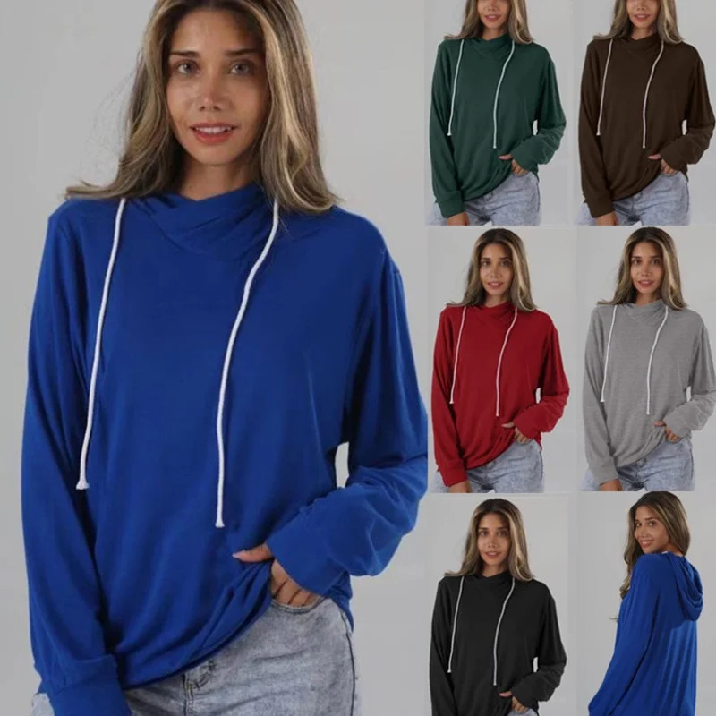 Autumn Women Drawstring Casual Solid Color Long Sleeve Sweatshirt Hoodie with Puffed Sleeves Voluminous Trendy Autumn Women Drawstring Casual Solid Color Long Sleeve Sweatshirt Hoodie with Puffed Sleeves Voluminous Trendy