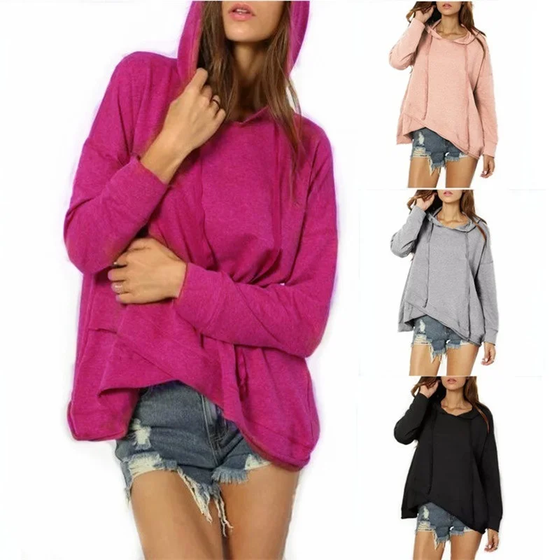 Autumn Women Irregular Hem Hooded Solid Long Sleeve Sweatshirt Hoodie with Tie-Dye Psychedelic Retro