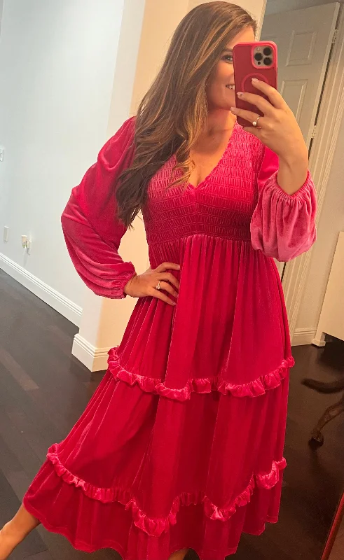 Avery Smocked Tiered Velvet Maxi Dress (Ships 2-3 Weeks) Fashionable Asymmetrical Maxi Dress