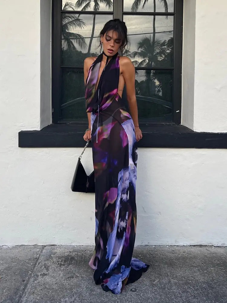 Backless Maxi Dress Women Comfortable Ruffle Hem Maxi Dress