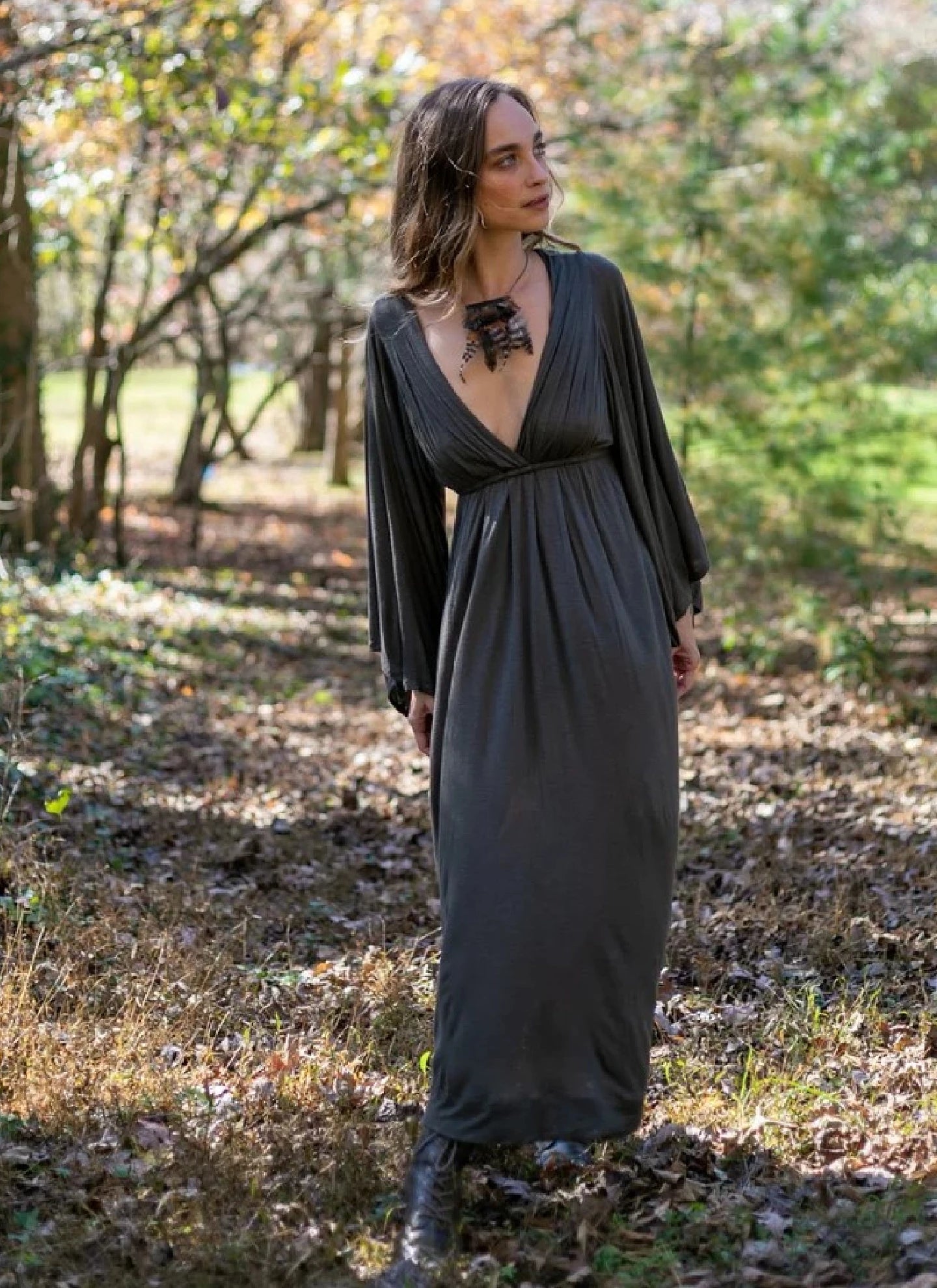 Bell Sleeve Goddess Boho Maxi Dress in Olive Elegant Maxi Dress with Belt