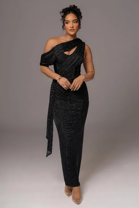 Black Metallic Celestina Draped Maxi Dress Fashionable Printed Maxi Dress