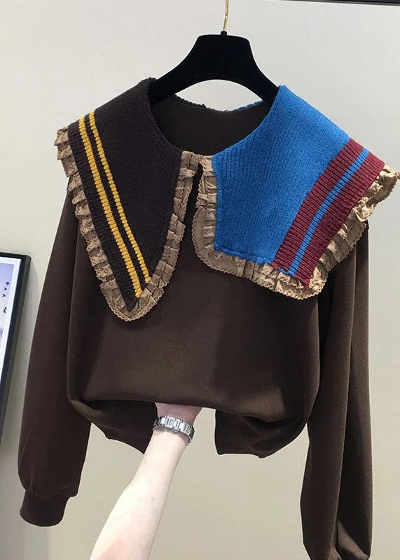 Boutique Coffee Peter Pan Collar Ruffled Knit Patchwork Sweatshirts Fall Hoodie with Full-Zip Functional Layering Boutique Coffee Peter Pan Collar Ruffled Knit Patchwork Sweatshirts Fall Hoodie with Full-Zip Functional Layering