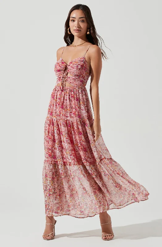 Brandy Floral Cinched Front Cutout Maxi Dress Comfortable Long-Sleeve Maxi Dress