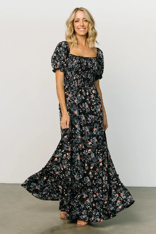 Capri Smocked Maxi Dress | Midnight Floral Elegant Silk Maxi Dress
