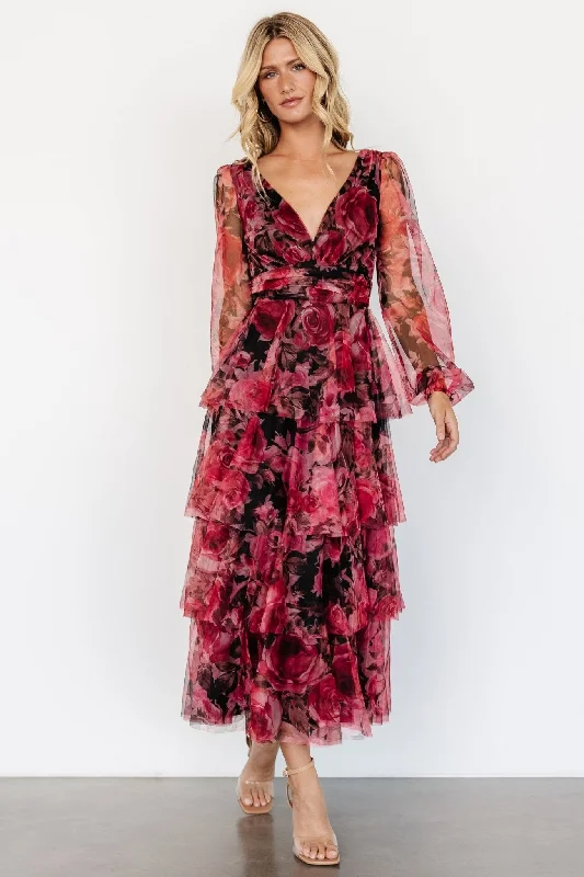 Carolina Tulle Tiered Maxi Dress | Red + Black Floral Cozy Wrap Maxi Dress