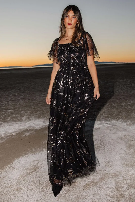 Cassandra Tulle Maxi Dress | Metallic Black Chic Sleeveless Maxi Dress