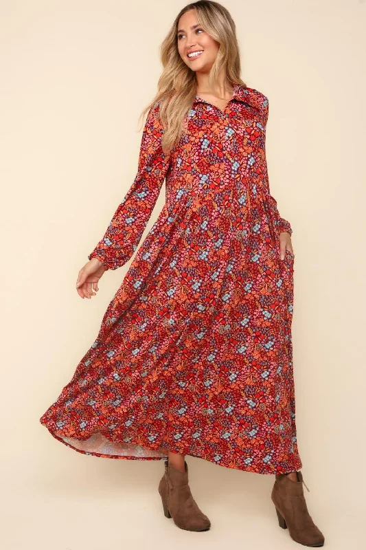 Collared Floral Maxi Dress - Burgundy Comfortable Flowy Maxi Dress