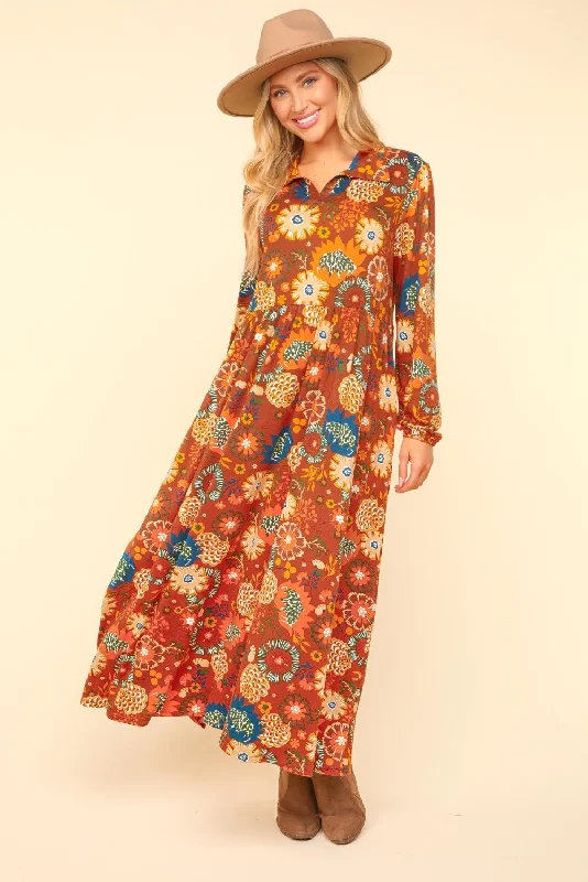 Collared Floral Maxi Dress - Rust Stylish Pleated A-Line Maxi Dress