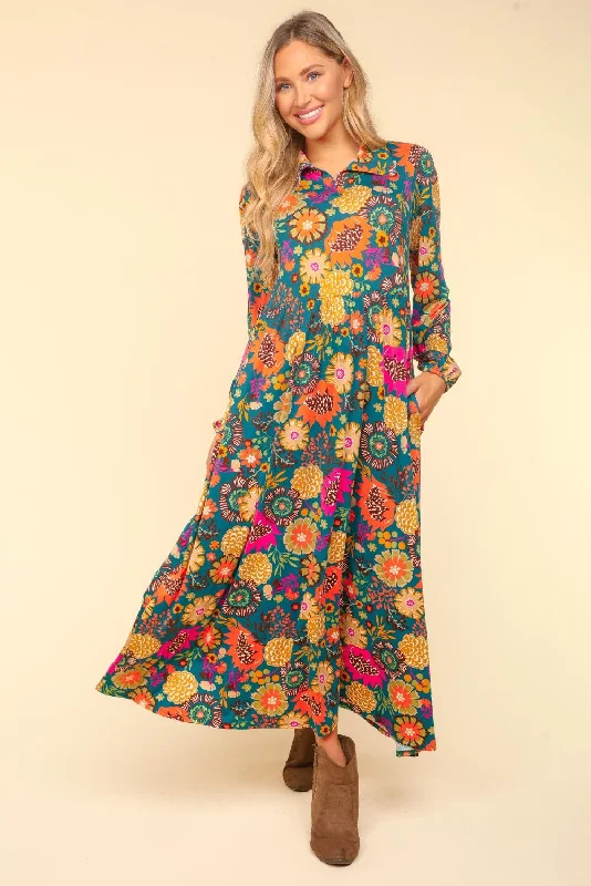 Collared Floral Maxi Dress - Teal Cozy Knitted Maxi Dress