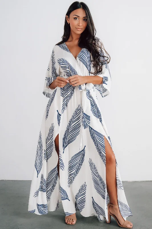 Corinth Maxi Dress | Navy Print Fashionable Off-Shoulder Maxi Dress