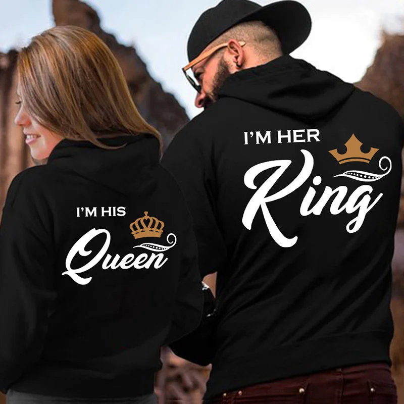 Couple Outfit Her King His Queen Letter Printed Couple Hooded Sweatshirt Hoodie with Contrast Stitching Detailed Premium Couple Outfit Her King His Queen Letter Printed Couple Hooded Sweatshirt Hoodie with Contrast Stitching Detailed Premium