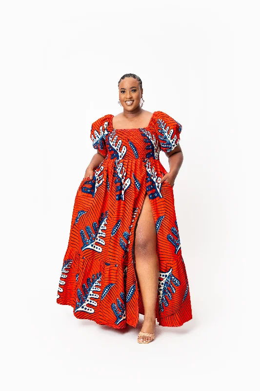 TALIA Smocked Puffy Sleeve African print maxi dress Trendy Maxi Dress with Straps