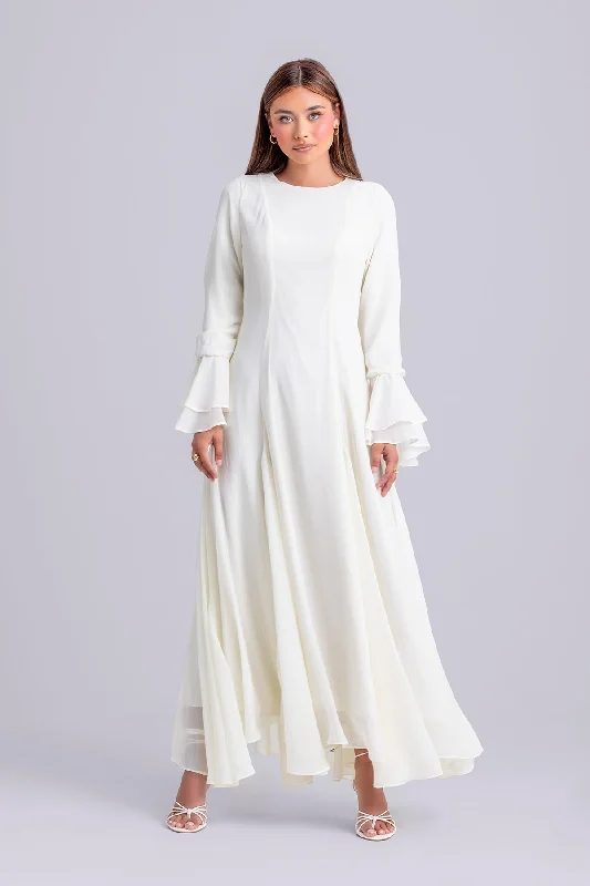 Dana Chiffon Ruffle Maxi Dress- Ivory Fashionable High-Waist Maxi Dress